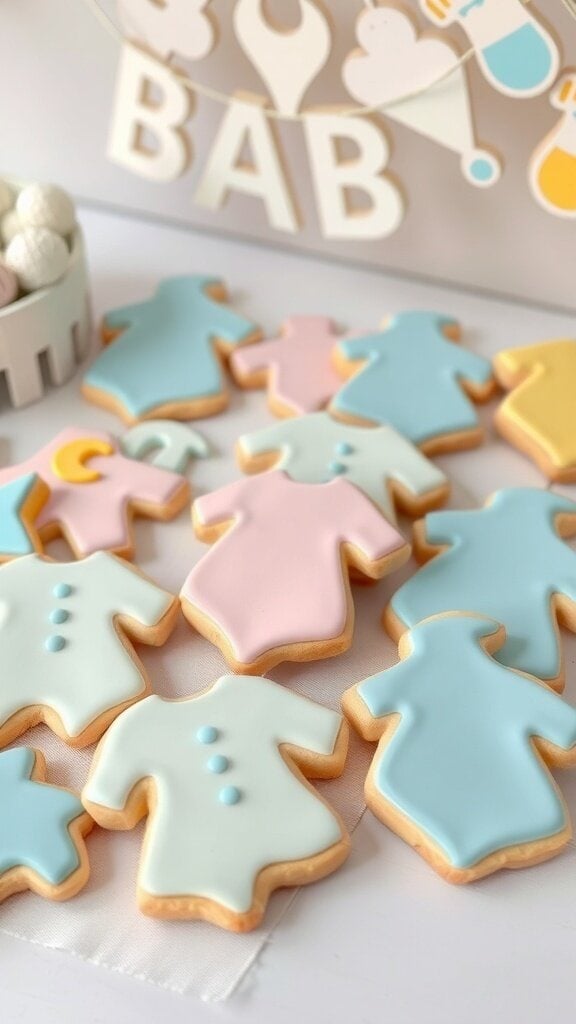 Eccentric themed cookies shaped like baby onesies in pastel colors.