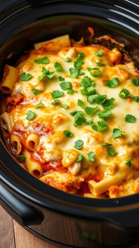A delicious Chicken Enchilada Casserole in a crockpot, topped with melted cheese and fresh cilantro.