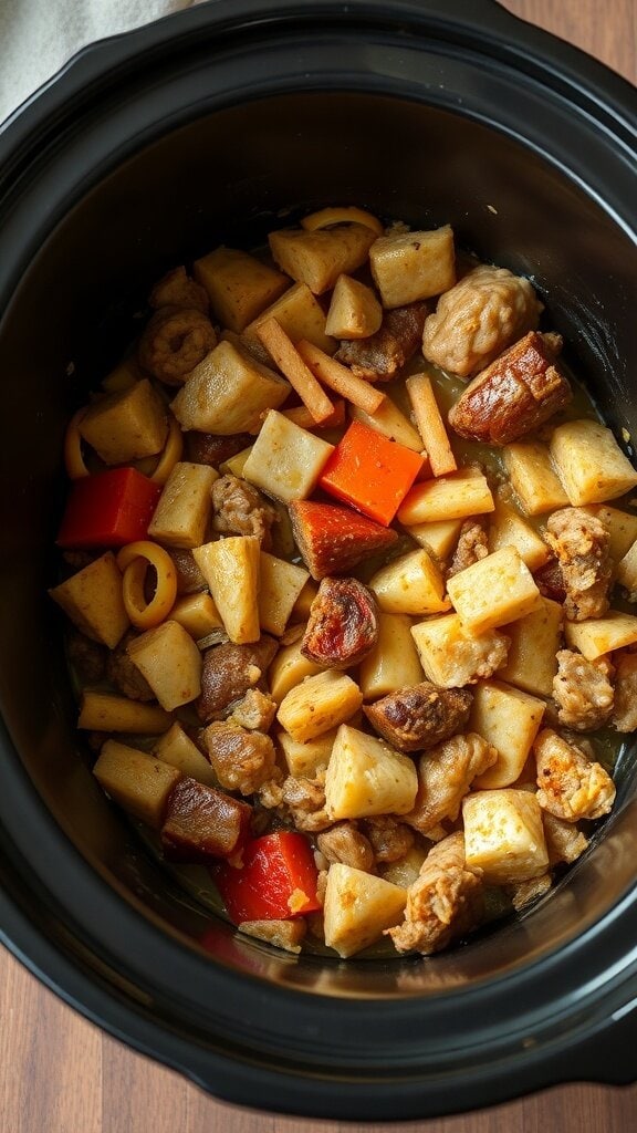 A colorful mix of diced potatoes, carrots, bell peppers, and meat in a crockpot.