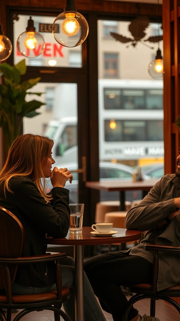 A couple engaged in conversation at a café, illustrating the importance of consistent communication in relationships.