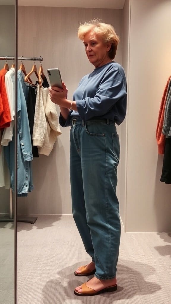 A woman trying on baggy jeans in a fitting room, looking at her phone.