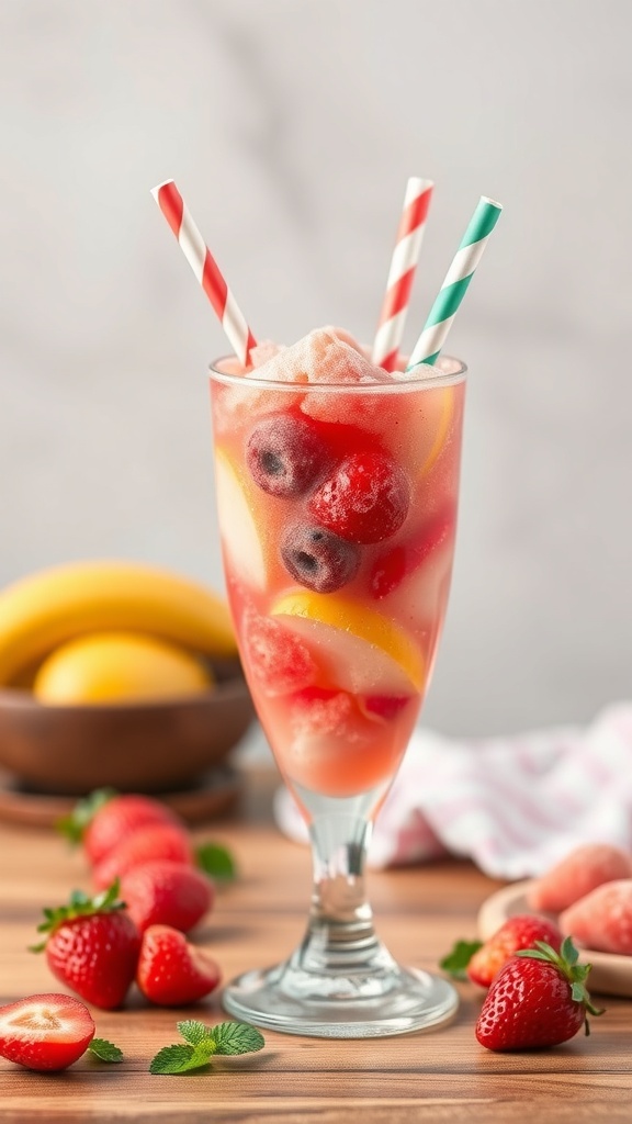A colorful fruit sorbet float in a tall glass with fresh fruits and striped straws.