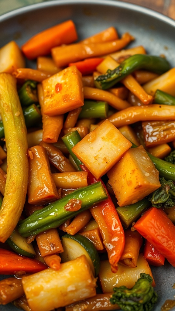 A colorful plate of vegetable stir-fry featuring broccoli, bell peppers, carrots, and snap peas.