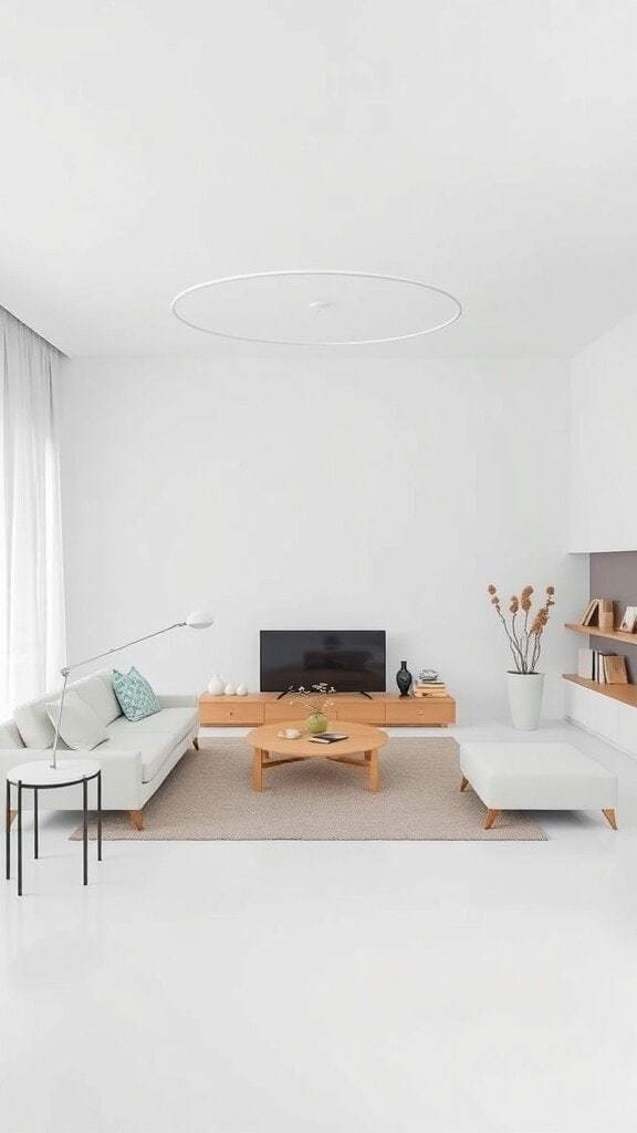A minimalist living room with white walls, light furniture, and minimal decor.