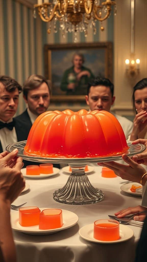 A large orange Jell-O mold on a glass pedestal surrounded by guests looking at it curiously.