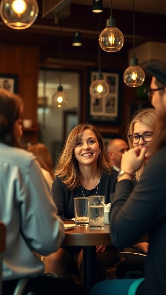 A woman smiling while talking with friends at a café, surrounded by warm lighting.