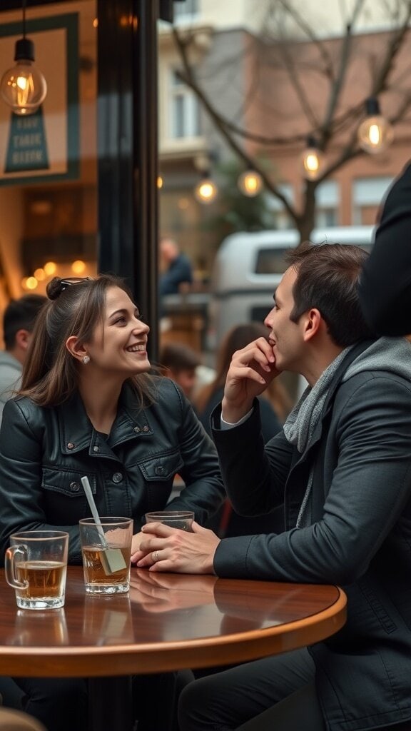 A woman and a man engaged in a lively conversation at a café, both smiling and enjoying their drinks.