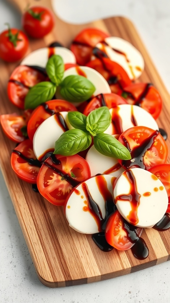 Caprese salad with tomatoes, mozzarella, and basil drizzled with balsamic glaze on a wooden board.