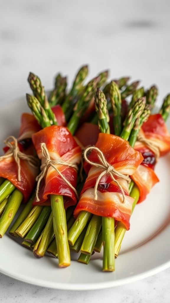 A plate of bacon-wrapped asparagus bundles tied with twine, showcasing a delicious Easter brunch finger food.
