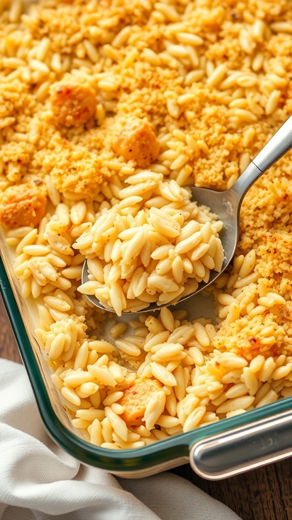 A golden-brown chicken and rice casserole with orzo pasta and a crispy topping.