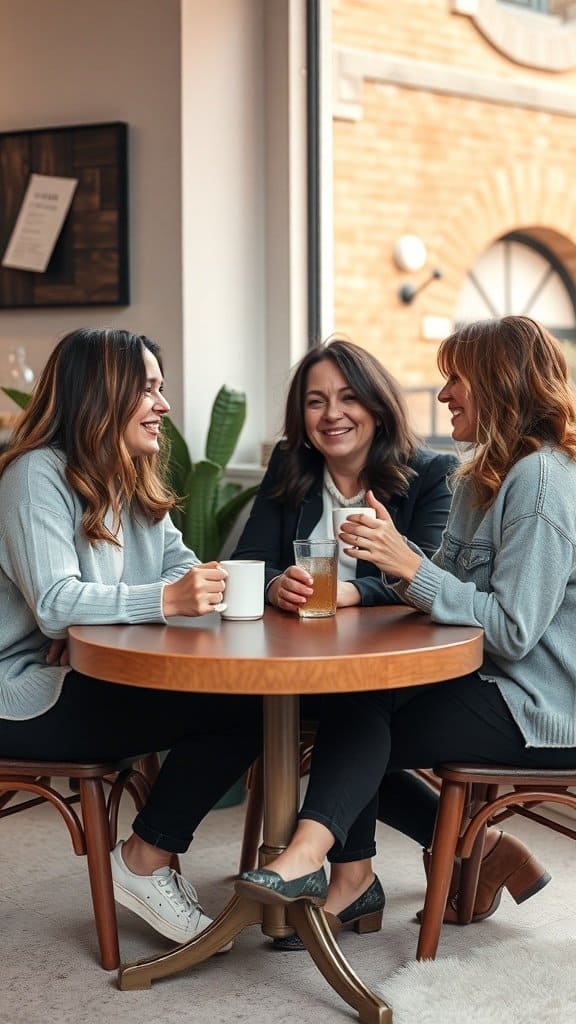 Three women enjoying drinks and laughter at a table, representing meaningful connections.