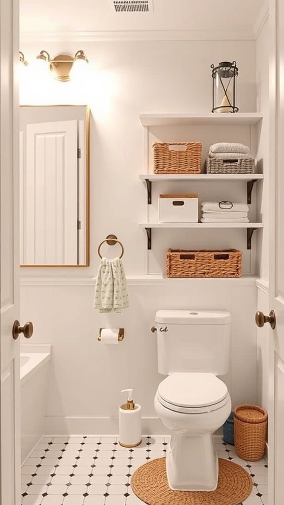 A well-organized bathroom with shelves, towels, and decorative baskets.