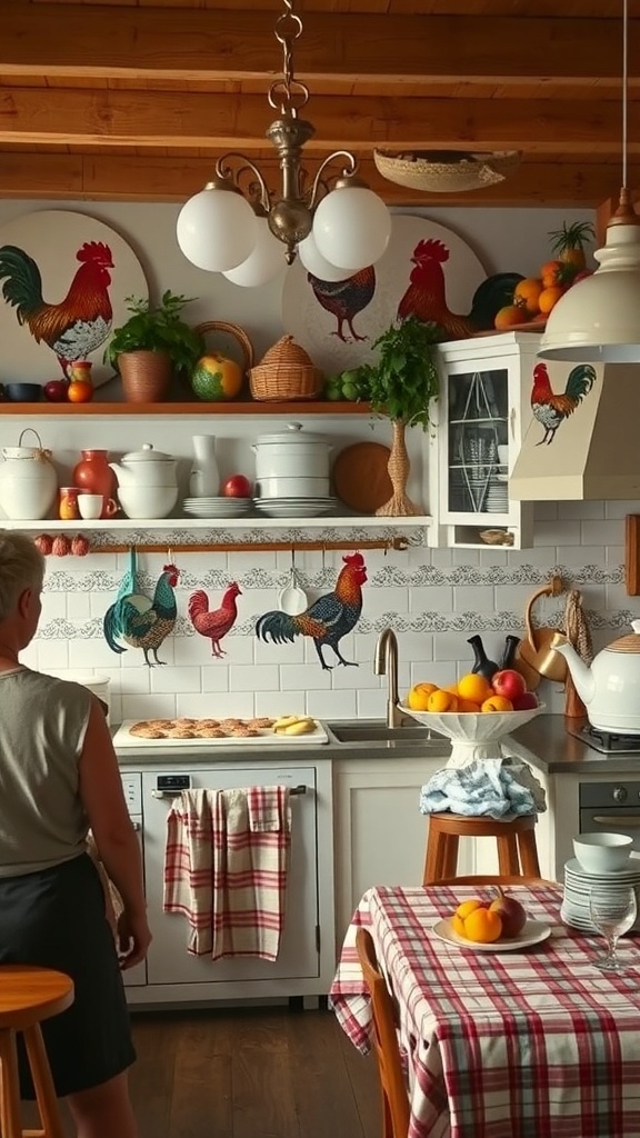 A colorful kitchen with rooster decorations, a wooden table with fruits, and a person in a checkered outfit.