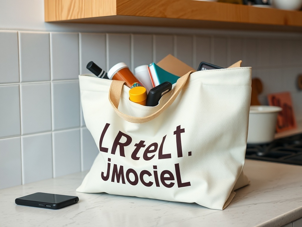 A functional tote bag filled with various items, resting on a kitchen counter.