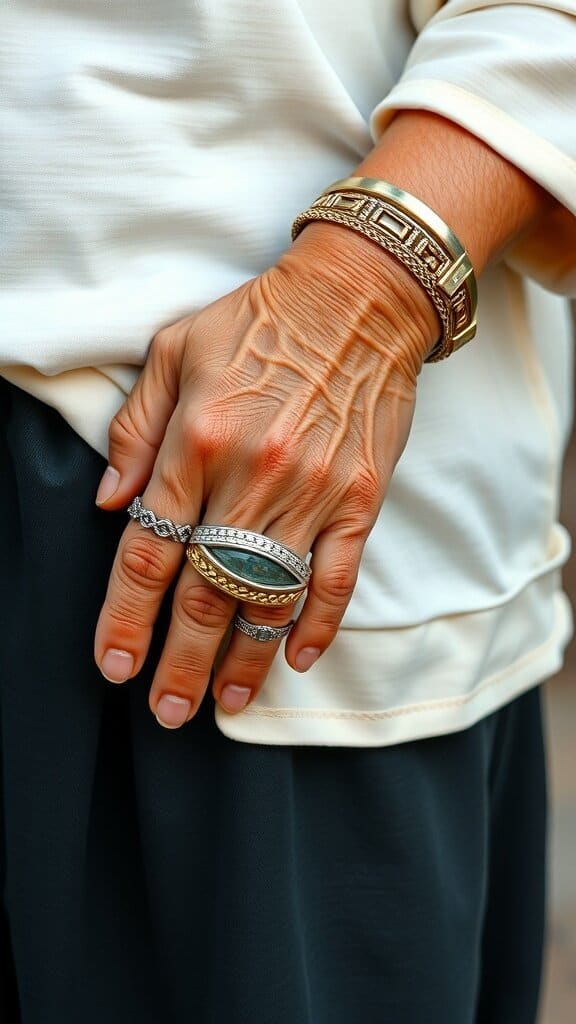 A hand with multiple rings and bracelets, showcasing excessive accessories.