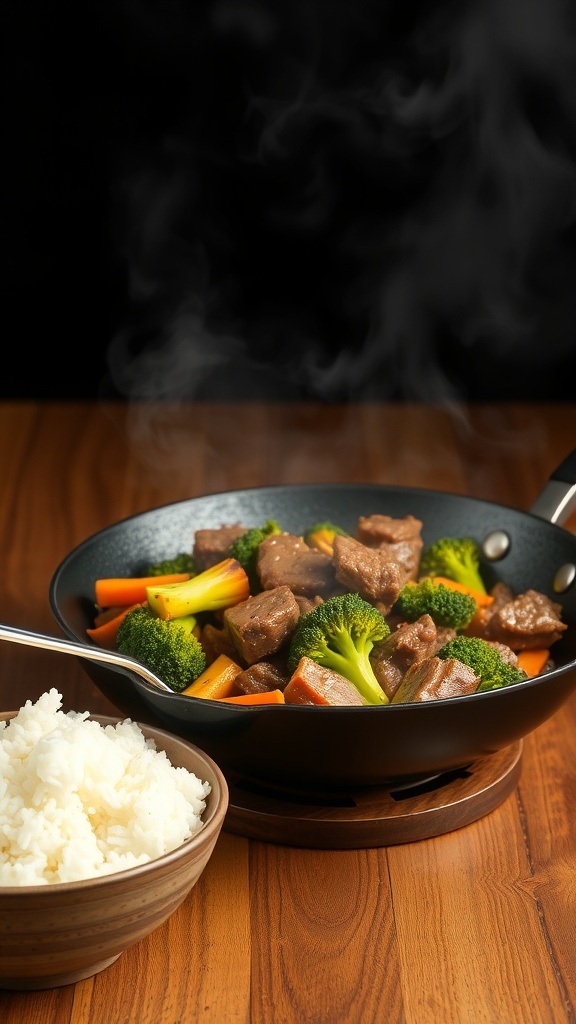 A delicious Beef and Broccoli Stir-Fry served with white rice.