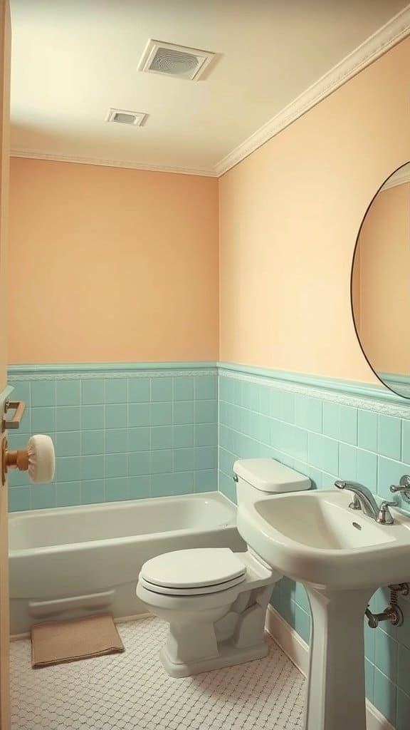 A bathroom with pale peach walls and teal tiles, showcasing a dated color combination.