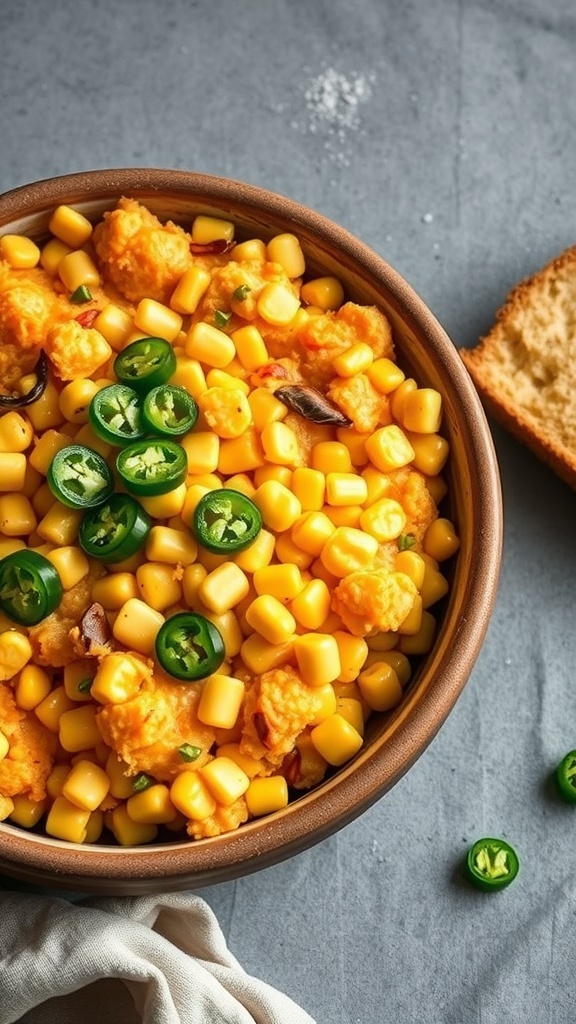 A bowl of corn casserole with jalapeños, featuring yellow corn kernels and green jalapeño slices on top.