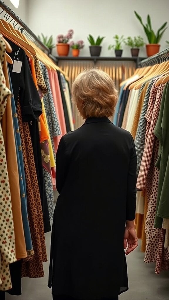 A woman looking at colorful clothing in a boutique, representing sustainable fashion choices.