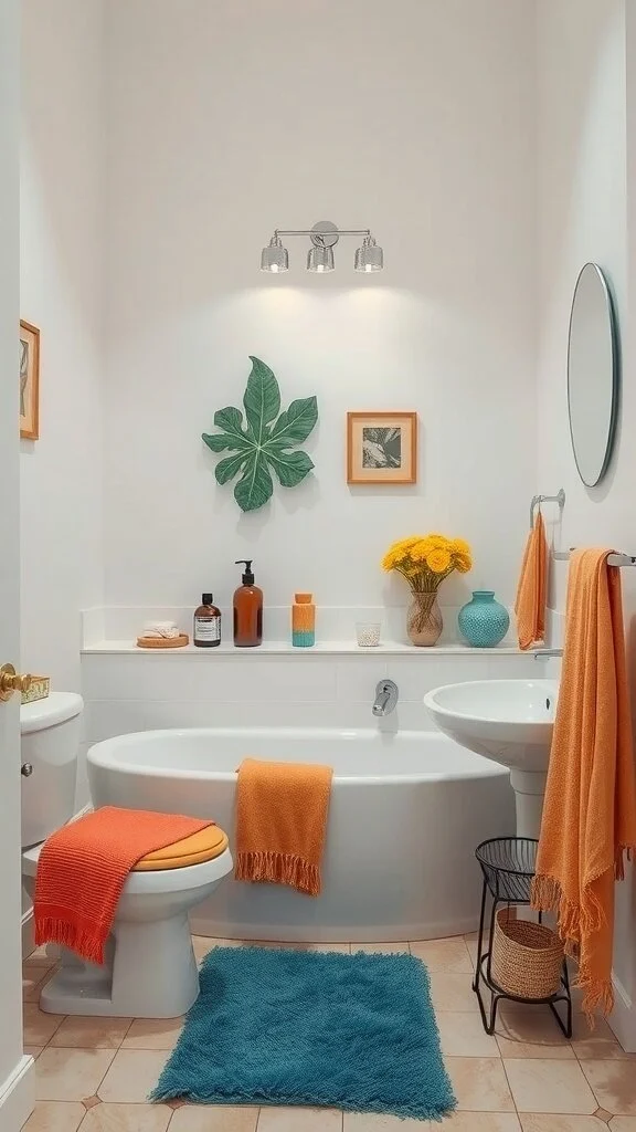 A colorful bathroom with orange towels, a blue rug, and green plants.