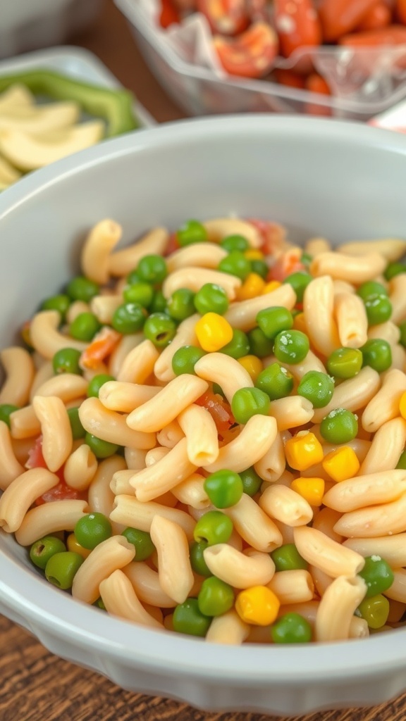 A bowl of pasta salad with frozen peas and corn, featuring elbow macaroni, bright green peas, and sweet corn.