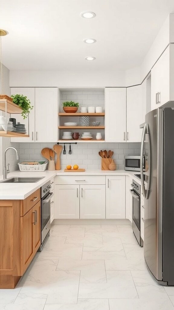 Functional kitchen layout with light cabinetry, wooden accents, open shelving, and modern appliances.