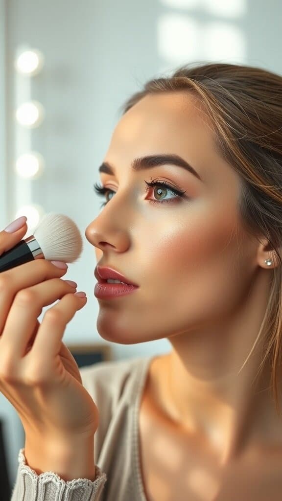 A woman applying highlighter with a brush, showcasing a radiant and natural makeup look.