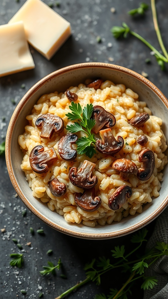 A bowl of creamy mushroom risotto topped with sautéed mushrooms and fresh herbs.