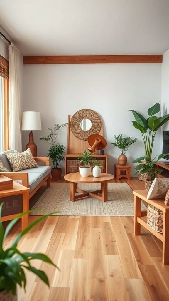 A cozy living room featuring wooden furniture, plants, and warm colors.