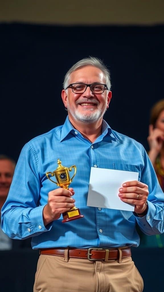 A man smiling and holding a trophy while talking to a woman.
