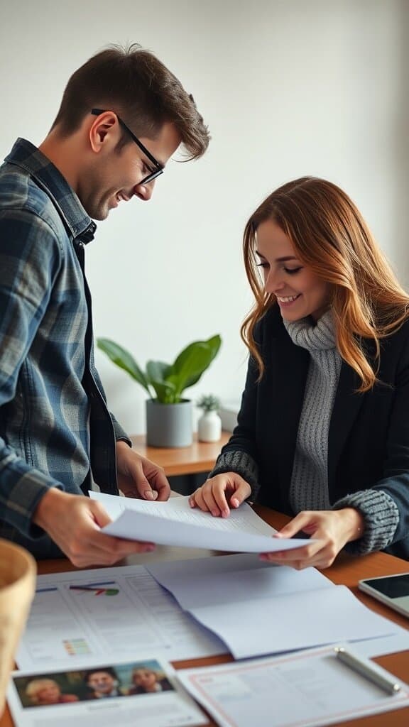 A man and woman discussing documents together, smiling and engaged in conversation.