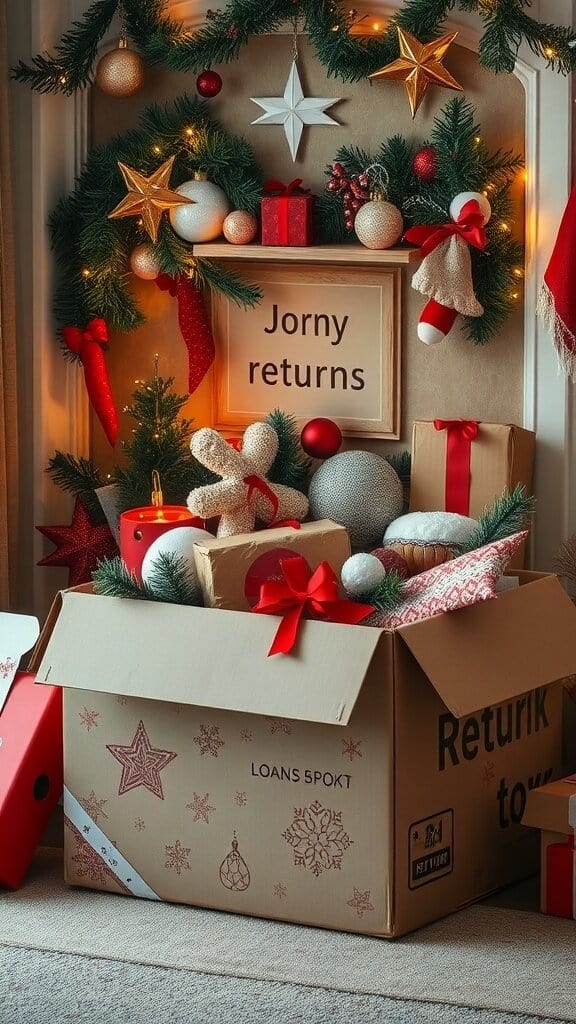 A festive cardboard box filled with holiday gifts, surrounded by decorations, with a sign that reads 'Jorny returns'.