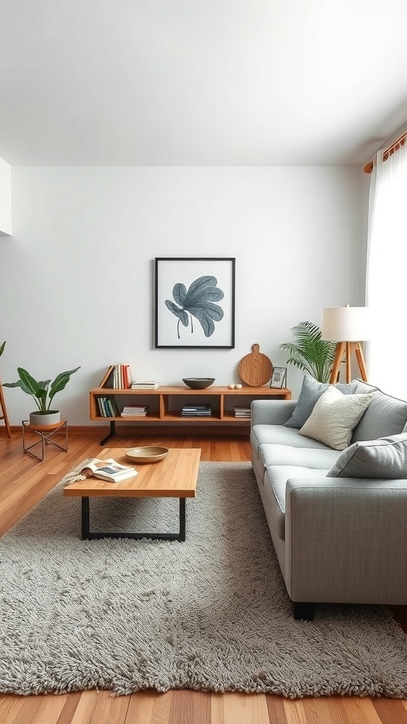 A modern living room featuring a soft, fluffy rug, a gray sofa, a wooden coffee table, and decorative plants.