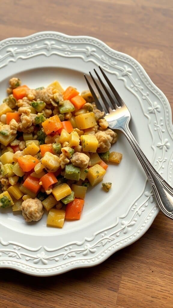 A plate of mushy vegetable medley featuring diced carrots, potatoes, peas, and green beans.