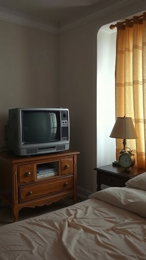A vintage television set on a wooden dresser in a bedroom with soft lighting.