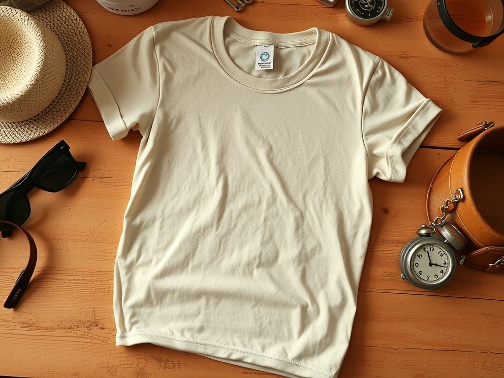 A light-colored basic graphic tee laid on a wooden surface with sunglasses, a straw hat, and a vintage watch.