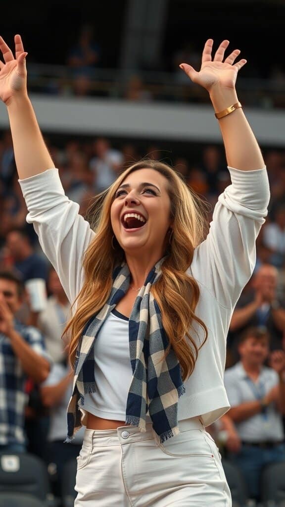 A young woman enthusiastically raising her hand in a crowd, showing support and encouragement.
