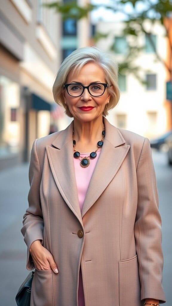 A stylish woman over 50 wearing a tailored beige blazer and pink top, standing confidently outdoors.