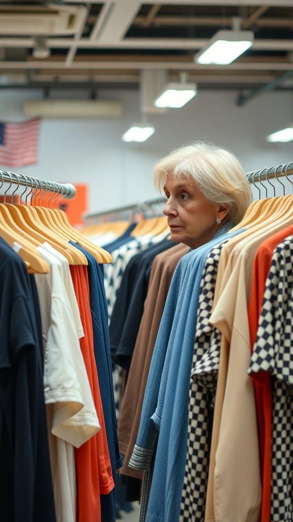 A woman looking at a rack of clothes in a store, surrounded by various fashion items.