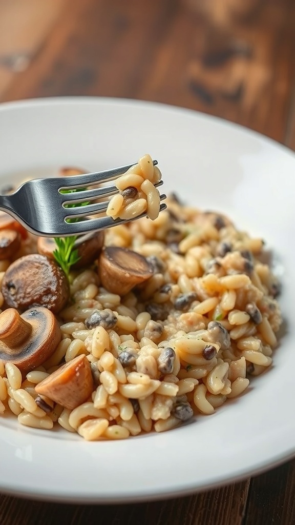 A plate of mushroom risotto with a fork ready to take a bite.