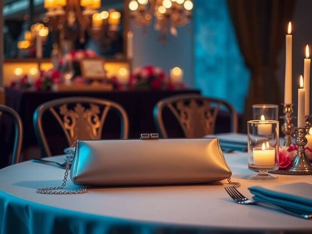 A stylish evening clutch on a table set with candles and elegant decor.