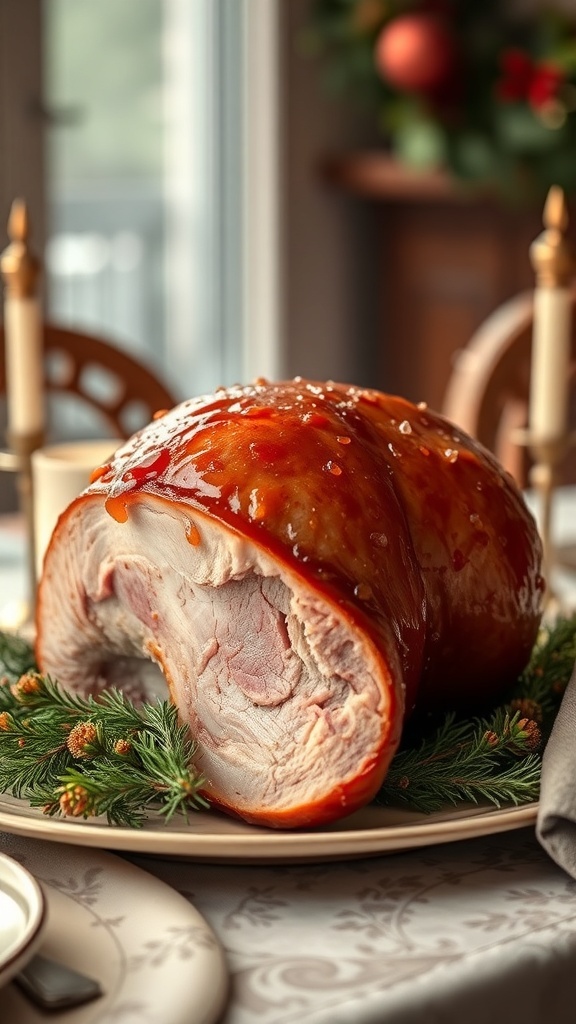 A beautifully glazed ham on a festive table, garnished with greenery.