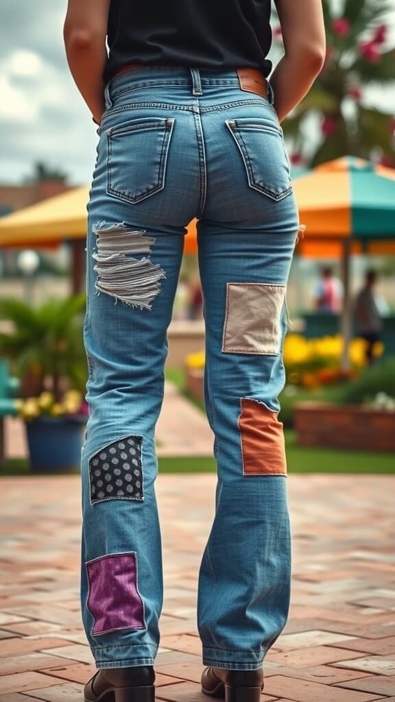A pair of patchwork jeans with various fabric patches and distressed elements.