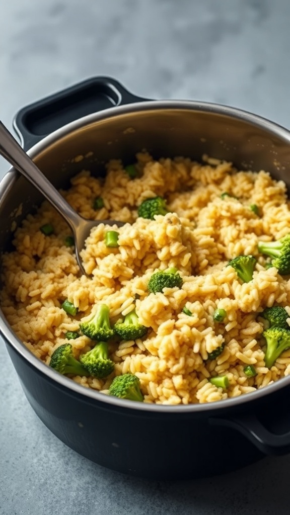 A pot of cheesy broccoli rice with bright green broccoli florets mixed in.