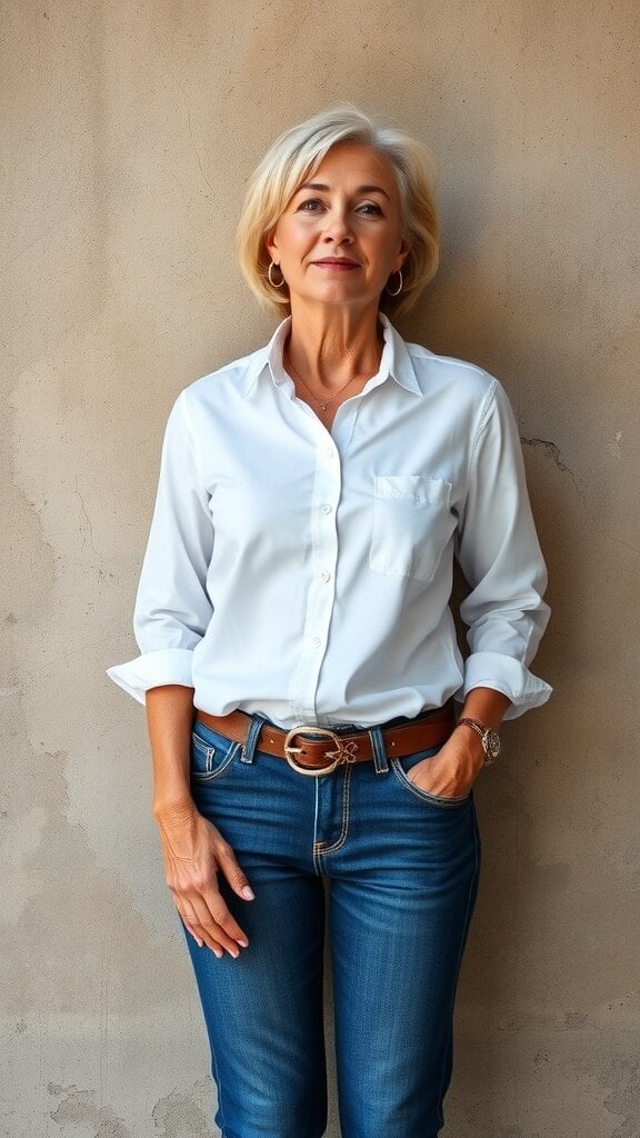 A woman over 50 wearing a white button-down shirt and jeans, standing confidently against a neutral background.