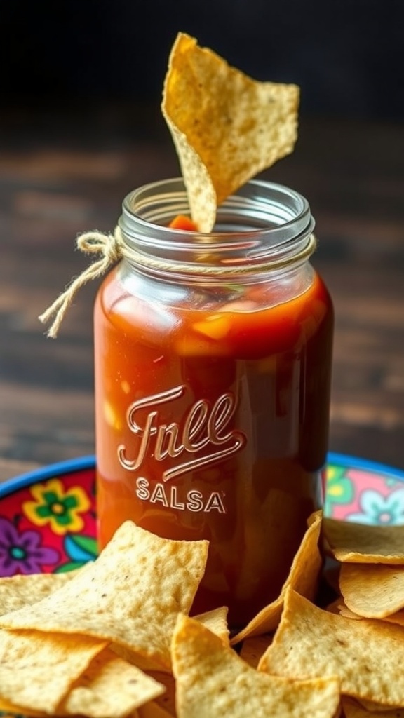 A jar of salsa with a tortilla chip dipped in it, surrounded by tortilla chips on a colorful plate.
