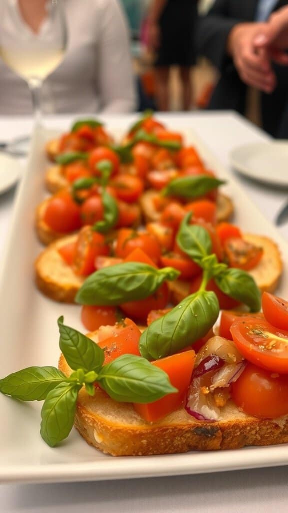 A platter of bruschetta topped with tomatoes and basil, showcasing a colorful presentation.