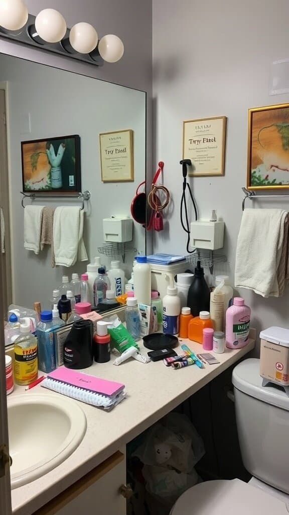 A cluttered bathroom countertop filled with various personal care products.