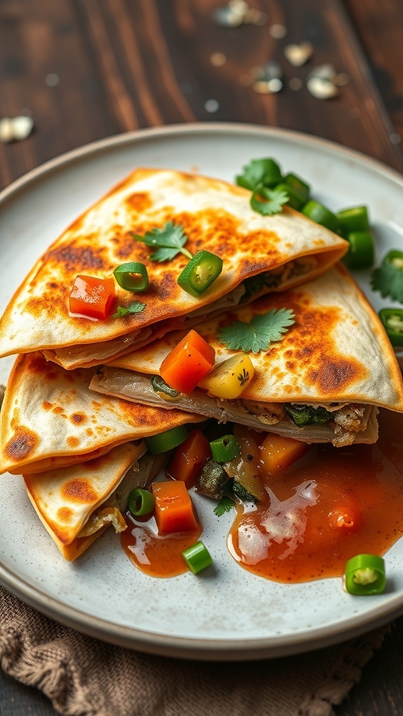 Golden-brown vegetable quesadillas served with salsa and garnished with fresh vegetables.