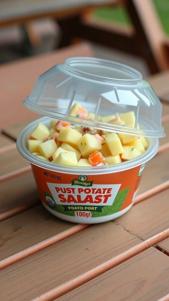 A container of store-bought potato salad on a wooden table.